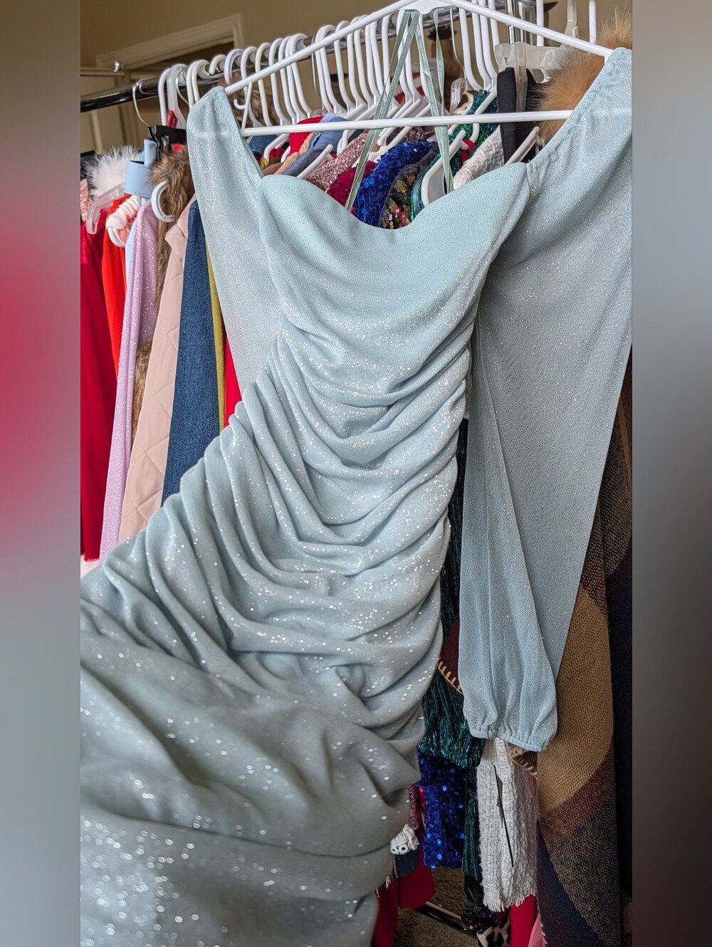Jump Sparkle Sage Long Sleeve Ruched Evening Dress